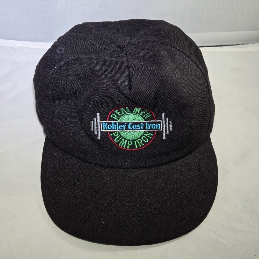 Vintage Kohler Cast Iron Cap Snap Back Black Hat "Real Men Pump Iron" 90s Gym